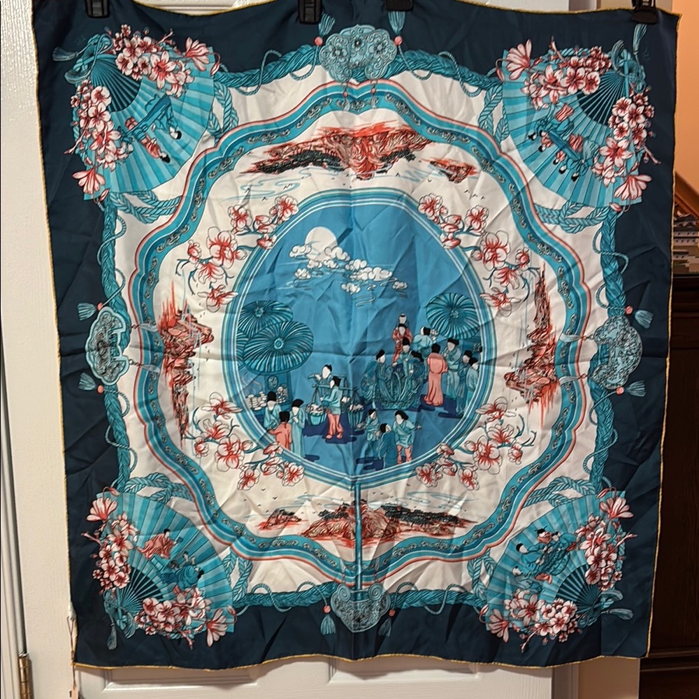 100% Silk Blue White Pink Scarf with Vintage Asian Floral & Landscape Design